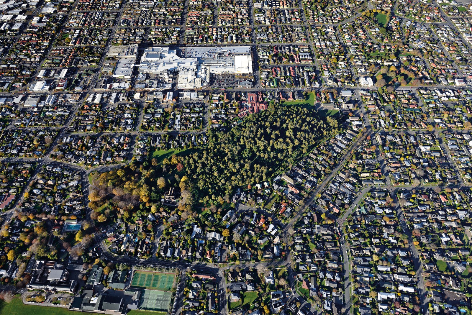 Covering much the same area as the nearby shopping mall, Riccarton Bush (also known as Deans Bush, after the family that bequeathed it to the city of Christchurch) is the last remnant of Canterbury’s original indigenous forest. In this autumn photograph, a clear distinction can be seen between evergreen native forest to the right and introduced deciduous trees to the left of the Deans’ former homestead.