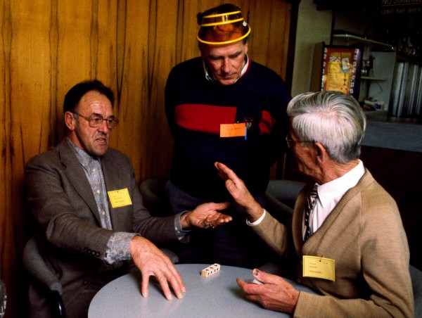 As a rule, the Dutch aren't big on sports... but they are serious card players. At the 1992 Wellington Klaverjas tournament a stormy Dutch argument was sparked when one player forgot to keep score. Geny Wekenborg (standing) tries to mediate between Cris Wissen (left) and Frans Rutten.