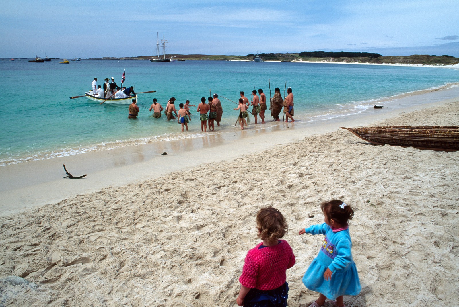 The first Europeans to see the Chatham Islands and meet its inhabitants were crew members of the Royal Navy brig Chatham in November 1791. An estimated 2000 Modori were living on the islands at the time. Tragically, the encounter between the two cultures was marred by violence as a Moriori named Tamakaroro was shot and killed by Pakeha. Two hundred years later, this first meeting between the races was re-enacted on Kaingaroa beach.