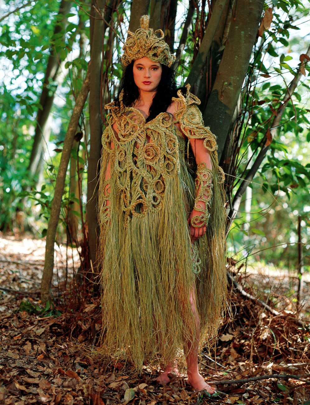 "Moko," designed for the 1995 Nelson Wearable Art Awards by Debbie Price and modelled by Debbie Perham, won several prizes, and showed that the daysof harakeke as haute couture are far from over. When flax's many virtues are combined with human flair, who can foresee the results?