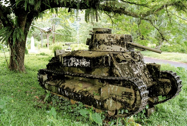 Given the BRA's ingenuity in restoring weaponry, it is a wonder that this tank—and the plane behind it—weren't brought into service during the recent conflict. During World War II, 40,000 Japanese soldiers perished here, more than half from starvation and disease.