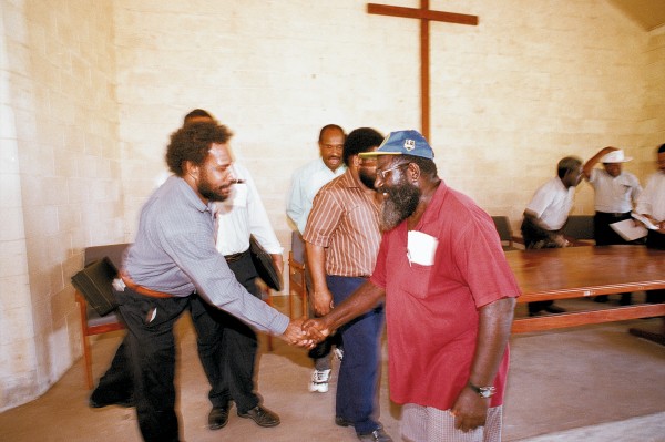 Joseph Kabui (right), president of the Bougainville People's Congress, meets a delegation from PNG assessing support for self-rule on Bougainville. Kabui, a senior politician in a succession of provincial governments, is perceived to be more moderate than BRA leader Francis Ona, who has stayed aloof from peace talks.