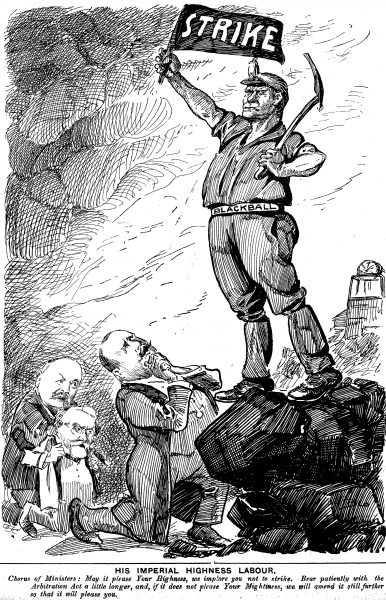 Blackball rose to national prominence when coal miners went on strike in February 1908. At the time, strikes were illegal in a system in which the Arbitration Court ruled on all labour matters. In this Observer cartoon, unionism is depicted as the new social force-one which prime minister Sir Joseph Ward and his ministers are being forced to recognise.