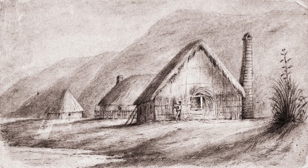 Hawkshead, Swainson's Hutt Valley residence, looked rather fine in 1845 when this sketch was drawn, but the house was severely damaged by fire in early 1848 and then by a large earthquake in October of that year. In 1855, the year of Swainson's death, the great Wairarapa earthquake destroyed the house again, although it is uncertain how extensively it had been rebuilt from the disasters of 1848.