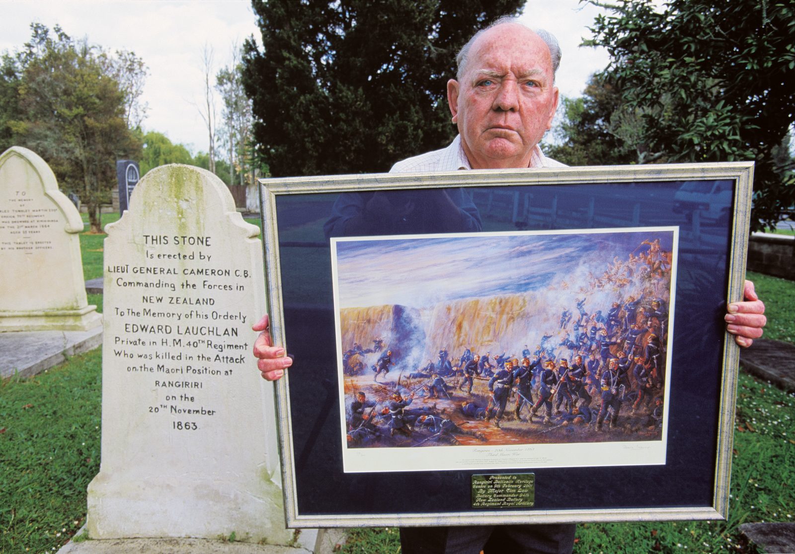 Pat Gaitely is the self-appointed guardian of the site of the battle of Rangiriri, fought in 1863 between British and colonial troops—brought south on the Great South Road—and Waikato Maori. A former history teacher in 1993 he established a heritage centre across the road from the cemetery where some of those who perished are buried. Holding a painting presented by the 94th Battery of the Royal Artillery, whose action at Rangiriri it depicts, he laments the desecration of such an important historical site: “State Highway One goes right through the centre of the Maori redoubt. It could easily have been saved.”