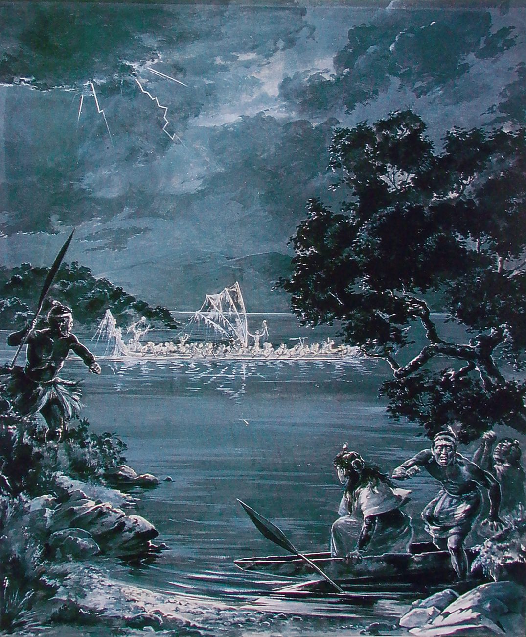 65_MtTarawera_05 Days before the eruption, an excursion party on Lake Tarawera saw a "phantom" war canoe. It was a clear morning and the craft was seen by Pakeha and Maori alike before before it suddenly disappeared from view. The sighting caused much consternation, as no such canoe was known in the area, and, frighteningly, the paddlers seemed to have the heads of dogs. Tohunga Tuhoto Ariki declared that the apparition signalled the destruction of the region.