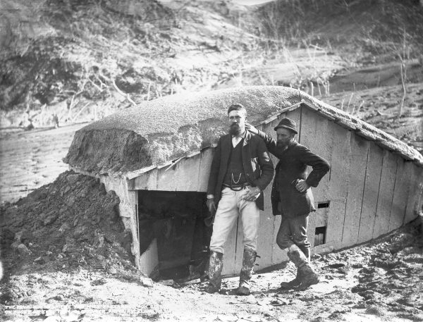 65_MtTarawera_08 Two surveyors, Harry Lundius (left) and John Blythe, survived the eruption by sheltering in a hen-house after escaping from the nearby Te Wairoa schoolhouse when the roof fell in. Five members of a single family perished in the collapsed building.