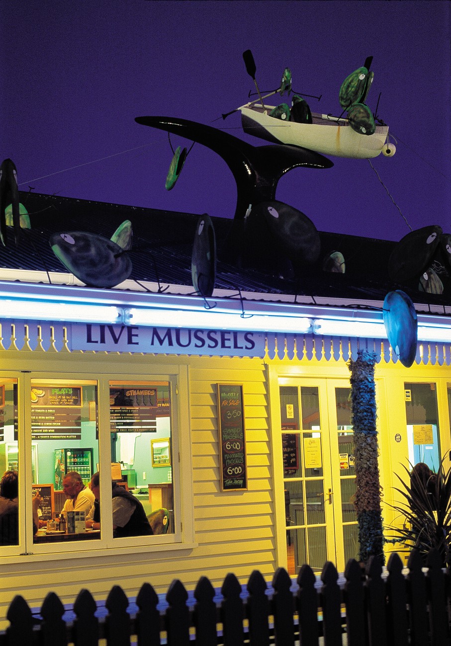 58_Kaikoura_body11 There’s no getting away from fishy themes in Kaikoura. At Mussel Boys restaurant, patrons dine beneath a tableau of frolicking whales and molluscs, while at Solice, one of the town’s newer bars, a piscine sculpture overshadows Dominic Bösel as he lines up a shot.