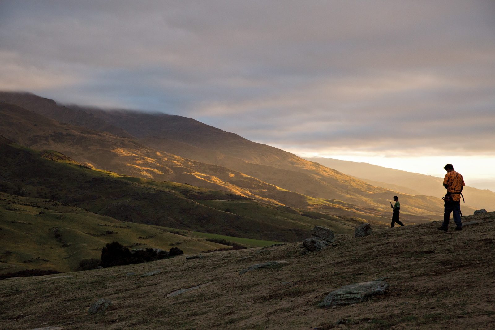 As the sun rises over Lowburn, Jared Moffat (right) and his truck crew make a last-ditch effort to tip the Hopper Stoppers’ bunny count over 750. While rabbits are crepuscular animals—neither diurnal nor nocturnal, but most active at dawn and dusk—they’re also quick learners, and after 24 hours of shooting, they’ve gone to ground.