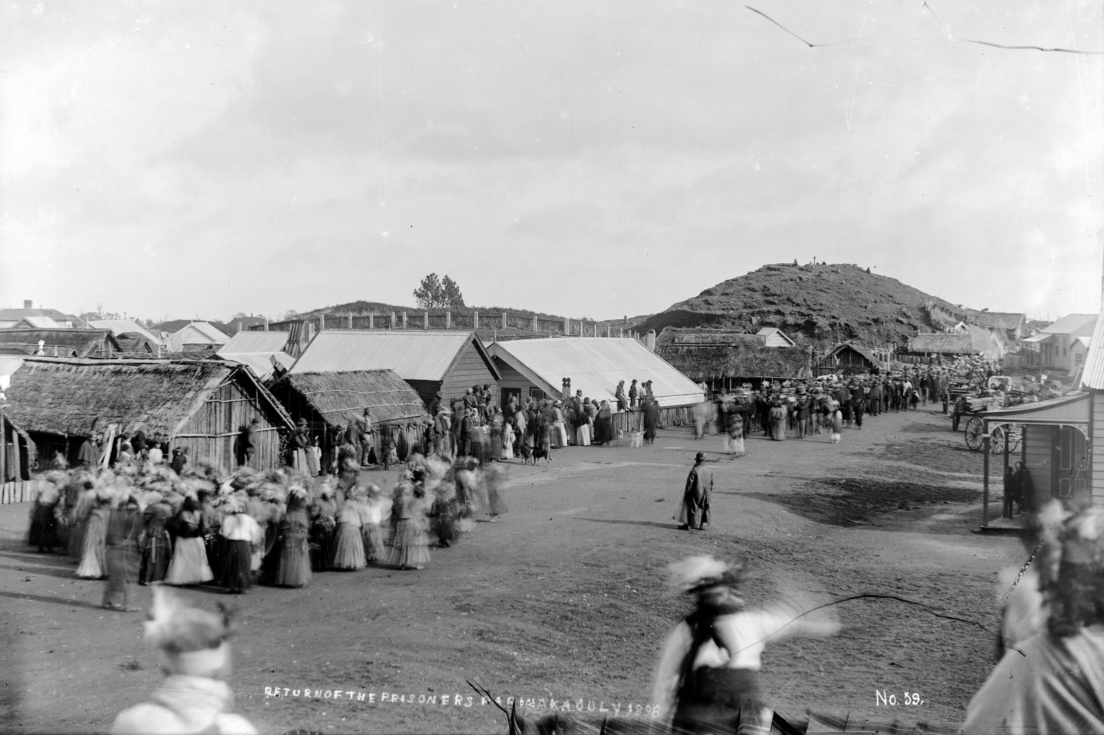 Poi-swinging women greet a group of Parihaka men returning from imprisonment for ploughing disputed land—their protest at the injustice of confiscation. As they ploughed, the men chanted a song containing the words: “I am cast upon a righteous path to be the fuel upon the fire”. Te Whiti, they claimed, “will have the final word”.