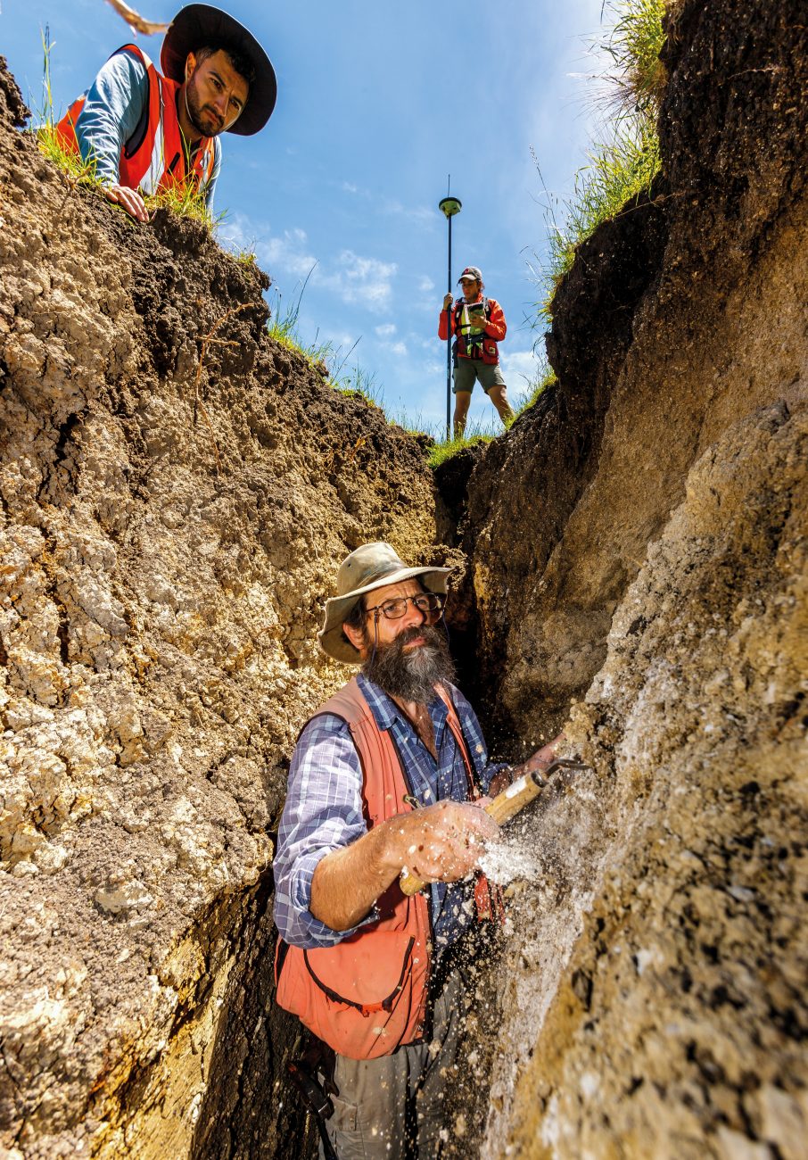 Russ Van Dissen from GNS investigates a chasm opened by the rupture on the Kekerengu Fault. Above him, PhD student Alex Hatem from the University of Southern California locates the site using a super-accurate GPS reading. She’s part of an international team that arrived days after the quake to help out. Though she studies the Marlborough Fault system, she never expected to see it in action—“I blew a gasket when I found out!” she says.